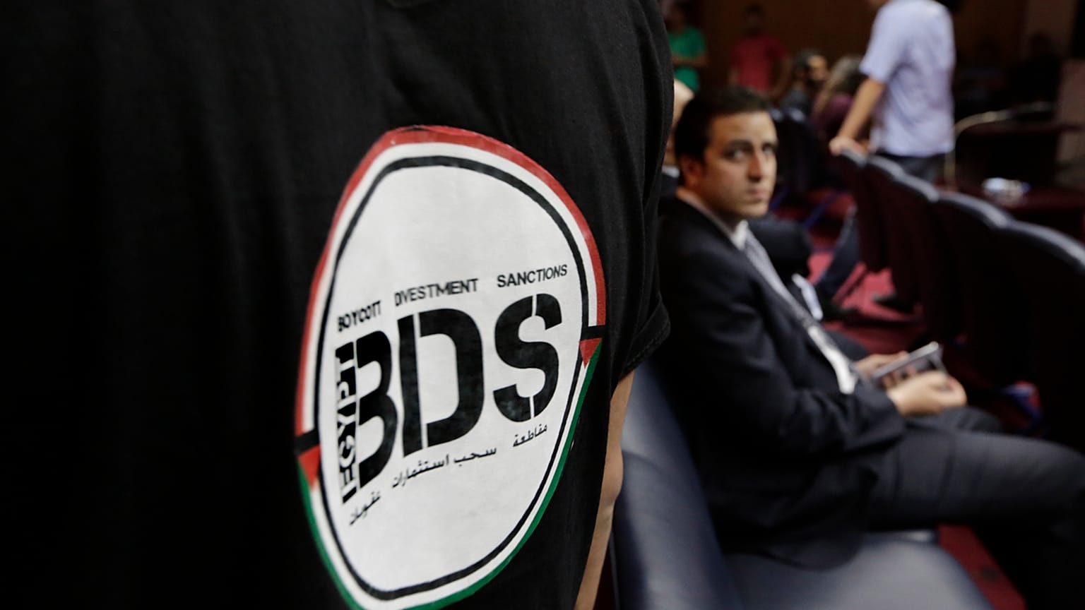 An Egyptian wears a T-shirt with the Boycott, Divestment and Sanctions (BDS) logo during Egyptian campaign for boycott, divestment and sanctions against Israel, 20 April 2015.