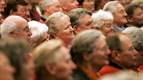 FILE - German pensioners listen to a speech by Frank Walter Steinmeier in Cuxhaven, Niedersachsen in February 2009 as part of his run for president.