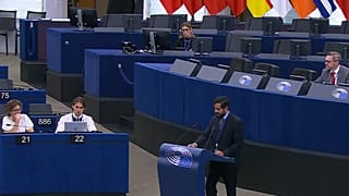 El eurodiputado Luis Pérez Fernández, durante una intervención en una sesión plenaria del Parlamento Europeo del 8 de octubre de 2025