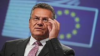 FILE: European Commissioner for Trade Maroš Šefčovič speaks during a media conference at EU headquarters in Brussels, 3 September 2025