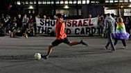 People protest against the participation of the Israeli national team in the 2026 Soccer World Cup qualification match against Italy in Rome, Oct. 14, 2025.