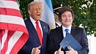 US President Donald Trump greets Argentina's President Javier Milei at the White House, 14 October, 2025