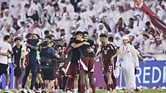 Qatar players celebrate their win against United Arab Emirates in the 2026 World Cup qualifiers at the Jassim Stadium in Doha, Tuesday, Oct. 14, 2025. t the Hamad B