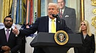 President Donald Trump speaks during an event in the Oval Office at the White House, Wednesday, Oct. 15, 2025, in Washington, as FBI director Kash Patel and Attorney General P