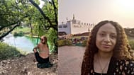 Marianne Mooney (left) sitting by the Blue Eye (Syri i Kaltër) in Albania and Phoebe Thomas outside the Buddha's birthplace in Lumbini, Nepal.