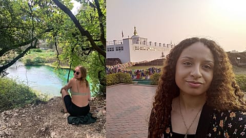 Marianne Mooney (left) sitting by the Blue Eye (Syri i Kaltër) in Albania and Phoebe Thomas outside the Buddha's birthplace in Lumbini, Nepal.