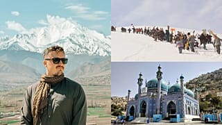 Ο Kieran Brown (αριστερά) μπροστά από ένα ορεινό τοπίο, καθώς και το Sakhi Shrine (κάτω δεξιά) και ανθρώπους που συμμετέχουν στον αγώνα σκι Afghan Peaks.