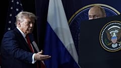 US President Donald Trump and Russia's President Vladimir Putin arrive for a press conference at Joint Base Elmendorf-Richardson in Alaska, 15 August, 2025