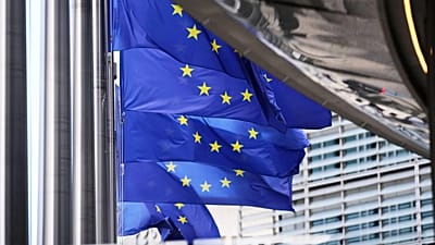 Banderas de la Unión Europea ondean al viento frente a la sede de la UE en Bruselas, 21 de agosto de 2025.