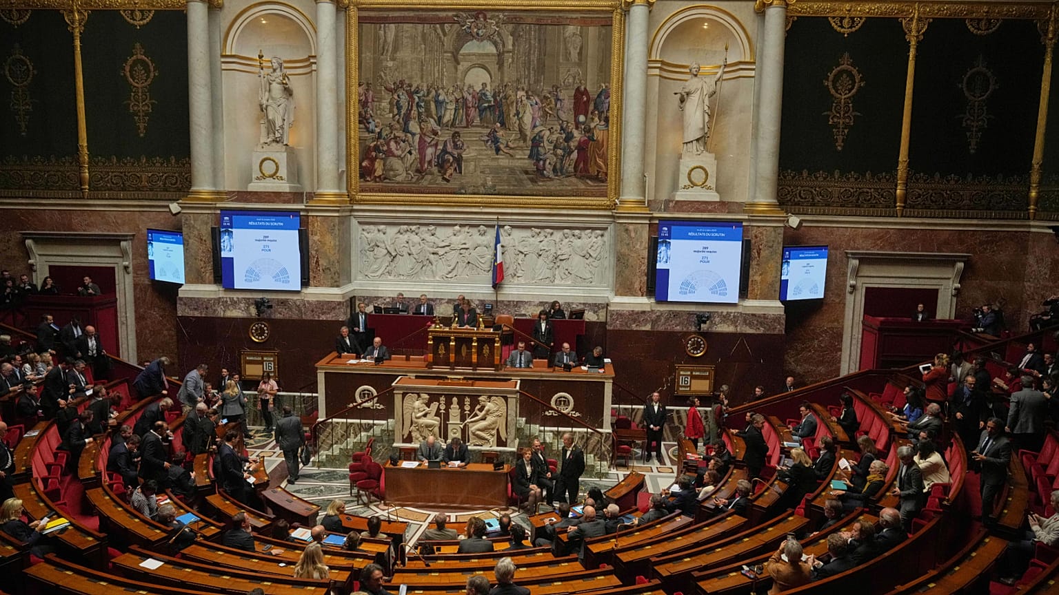 Los marcadores de la Asamblea Nacional muestran los resultados de la votación de una moción de censura contra el gobierno del primer ministro francés Sébastien Lecornu, en París, el 16 de octubre de 2025.