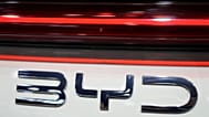 A BYD logo is seen during the Shanghai auto show. 23 April 2025.
