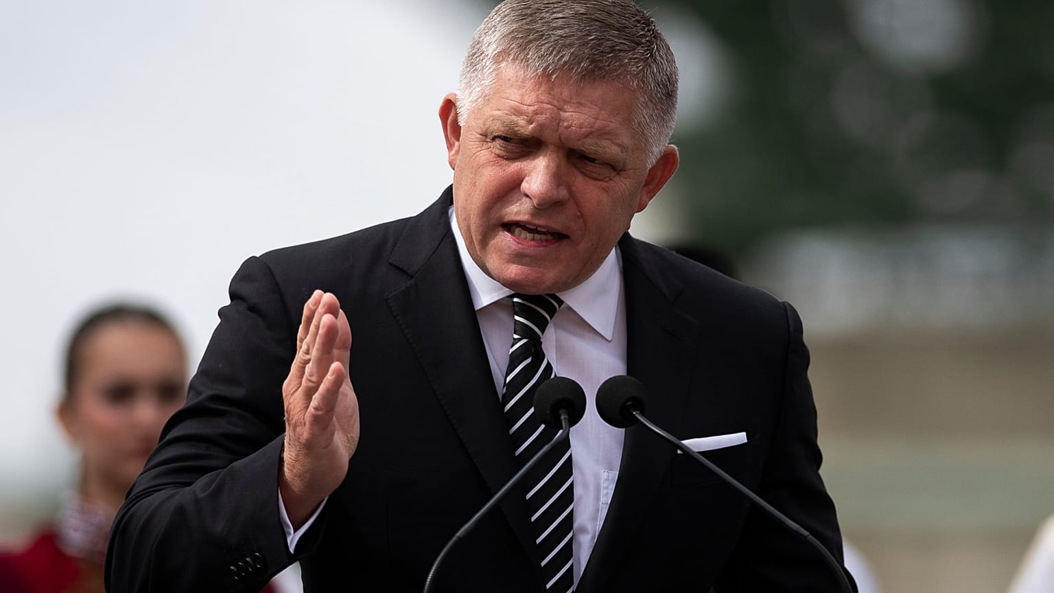 Slovakia's Prime Minister Robert Fico delivers his speech during the 130th anniversary celebration of Mária Valeria Bridge in Esztergom, Hungary, on Sunday, Sept. 28, 2025.