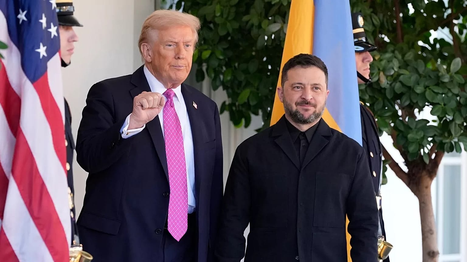 President Donald Trump, left, gestures as he greets Ukraine's President Volodymyr Zelenskyy at the White House, Friday, Oct. 17, 2025, in Washington.