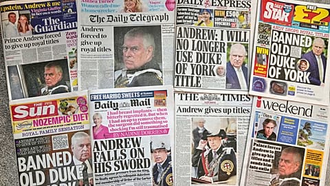 Selection of British national newspapers showing  their reaction to Prince Andrew announcing that he will relinquish his Duke of York title in London, Saturday, Oct. 18, 2025.