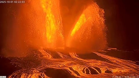 Lava fountains shooting up in the air during an episode of an ongoing eruption of Kilauea volcano Oct. 1, 2025, in Hawaii. 