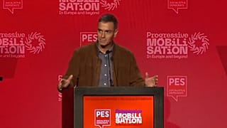 Pedro Sánchez no seu discurso no congresso do Partido Socialista Europeu, Amesterdão, 18/10/2025