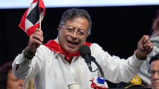 Colombian President Gustavo Petro addresses supporters during a rally in Ibague, Colombia, Friday, Oct. 3, 2025.
