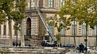 A basket lift used by thieves is seen at the Louvre museum Sunday Oct.19, 2025 in Paris. 