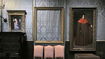 The empty frame, center, from which thieves cut Rembrandt's "Storm on the Sea of Galilee" remains on display at the Isabella Stewart Gardner Museum in Boston, 2010.
