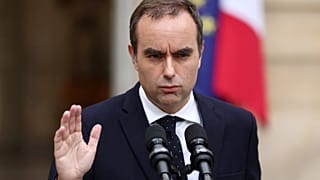 File - A microphone is set up in the courtyard for the statement by French outgoing Prime Minister Sebastien Lecornu at the Hotel Matignon in Paris. 6 Oct. 2025