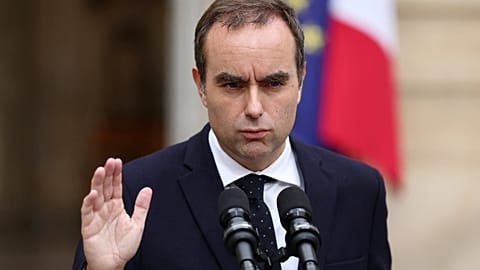 File - A microphone is set up in the courtyard for the statement by French outgoing Prime Minister Sebastien Lecornu at the Hotel Matignon in Paris. 6 Oct. 2025