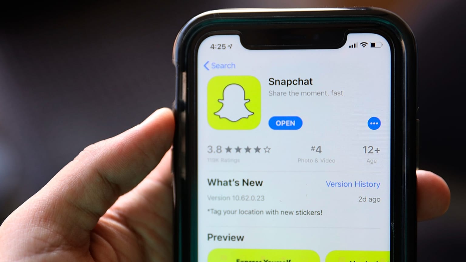 The Snapchat app is shown on a mobile phone in this 2019 file photo.