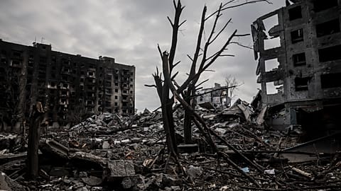 Smoke rises from the ruins in Kostiantynivka, a frontline town where some 5000 people still stay with no water, electricity and gas supply, Donetsk region, Ukraine, Oct. 13