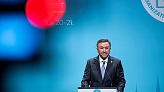 Kubanychbek Omuraliev, Secretary General of the Organization of Turkic States speaks during the joint press conference with Hungarian Minister of Foreign Affairs and Trade Pet