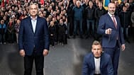 AI-generált kép, melyen Magyar Pétert pórázon vezeti Manfred Weber
