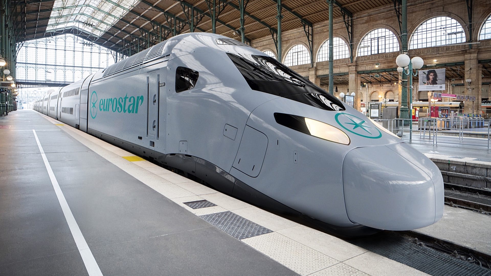 Pociąg Eurostar Celestia wjeżdżający do Paryża. Obraz CGI.