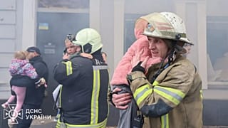 Children being evacuated from the kindergarten, hit by Russian drones in Kharkiv, Ukraine. Oct 22, 2025 