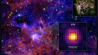 Die MIRI-Aufnahme von James Webb zeigt den Protostern ST6 in der Sternentstehungsregion der Großen Magellanschen Wolke