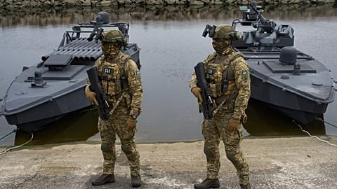 Ukraine's Security Service officers stand by Sea Baby drones at an undisclosed location in Ukraine, 17 October, 2025
