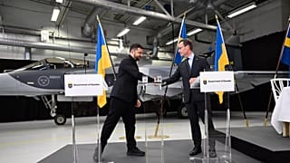Sweden's Prime Minister Ulf Kristersson and Ukraine’s President Volodymyr Zelenskyy in Linköping, Sweden, Oct. 22, 2025.