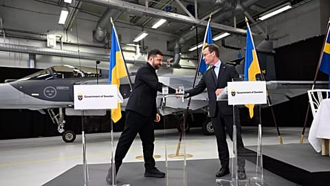 Sweden's Prime Minister Ulf Kristersson and Ukraine’s President Volodymyr Zelenskyy in Linköping, Sweden, Oct. 22, 2025.