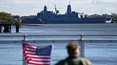 FILE: US Navy ships pass the viewing stand along the Delaware River in Philadelphia, 9 October 2025