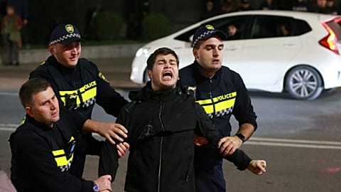 Un manifestant est expulsé à Tbilissi le 22 octobre.