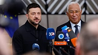 Ukraine's President Volodymyr Zelenskyy, left, and European Council President Antonio Costa arrive for an EU Summit at the European Council, Oct. 23, 2025. 