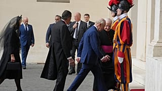 Britain's King Charles III and Queen Camilla arrive in the St. Damasus