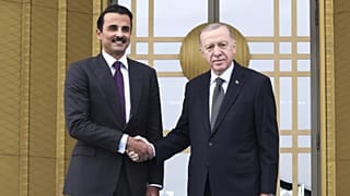 الرئيس التركي رجب طيب أردوغان يصافح أمير قطر تميم بن حمد آل ثاني، في القصر الرئاسي بأنقرة، يوم الخميس 14 نوفمبر 2024.