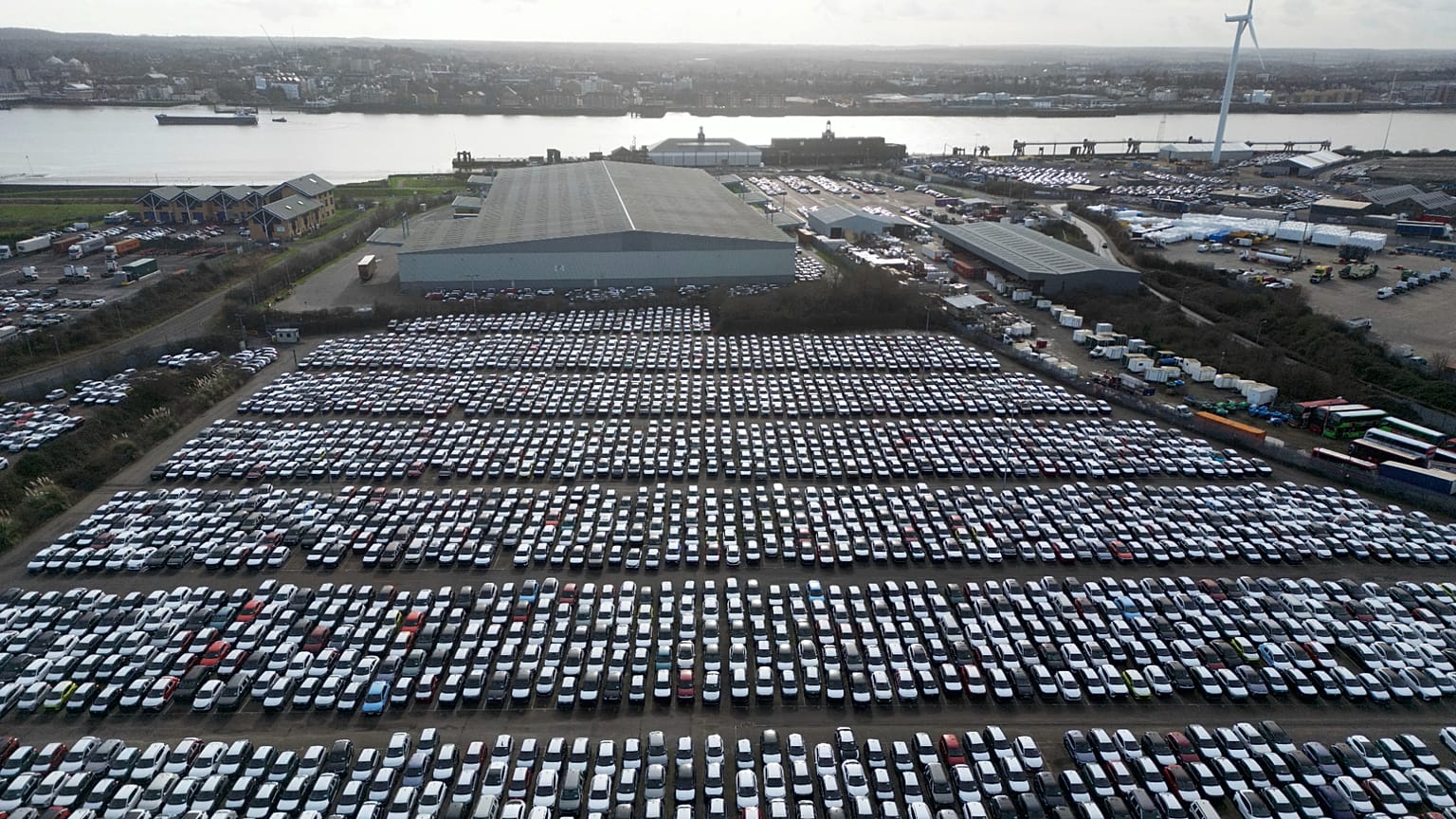 FILE - Cars are parked at Port of Tilbury, England. February 2025. (AP Photo)