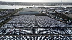 FILE - Cars are parked at Port of Tilbury, England. February 2025. (AP Photo)