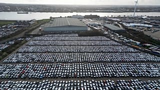 FILE - Cars are parked at Port of Tilbury, England. February 2025. (AP Photo)