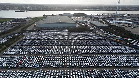 FILE - Cars are parked at Port of Tilbury, England. February 2025. (AP Photo)
