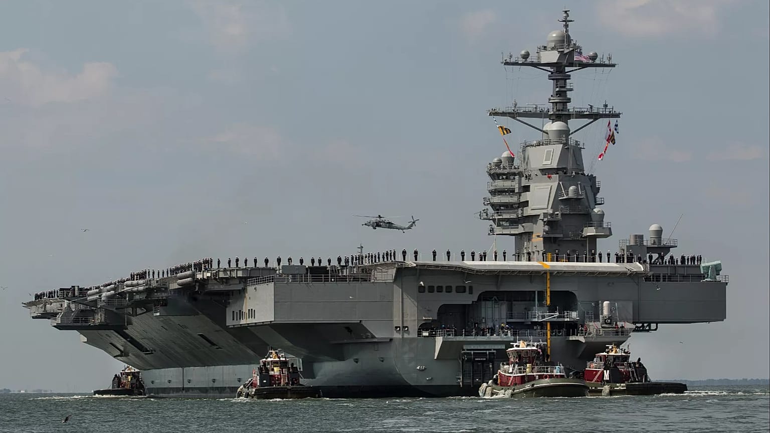 The aircraft carrier USS Gerald R. Ford heads to a naval station in Norfolk, 14 April, 2017 