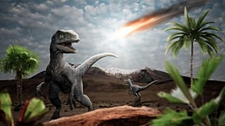 Dinozorların yok oluşuyla sonuçlanan çarpışmayı resmeden bir illüstrasyon.