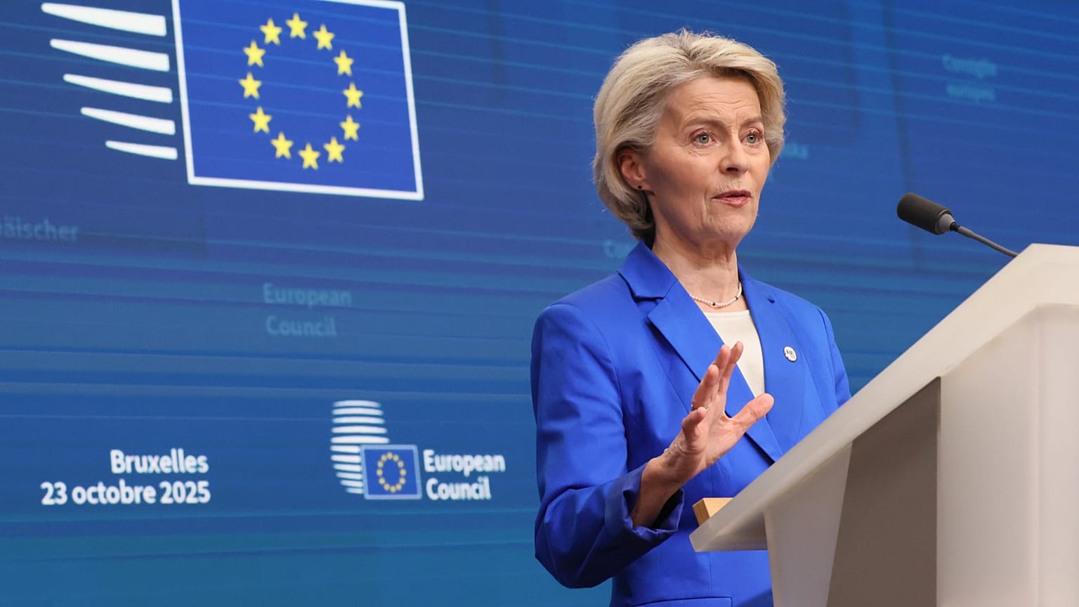 European Commission President Ursula von der Leyen addresses a media conference at the conclusion of an EU Summit in Brussels, Thursday, Oct. 23, 2025.