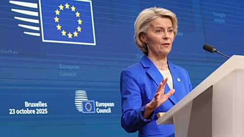 European Commission President Ursula von der Leyen addresses a media conference at the conclusion of an EU Summit in Brussels, Thursday, Oct. 23, 2025.