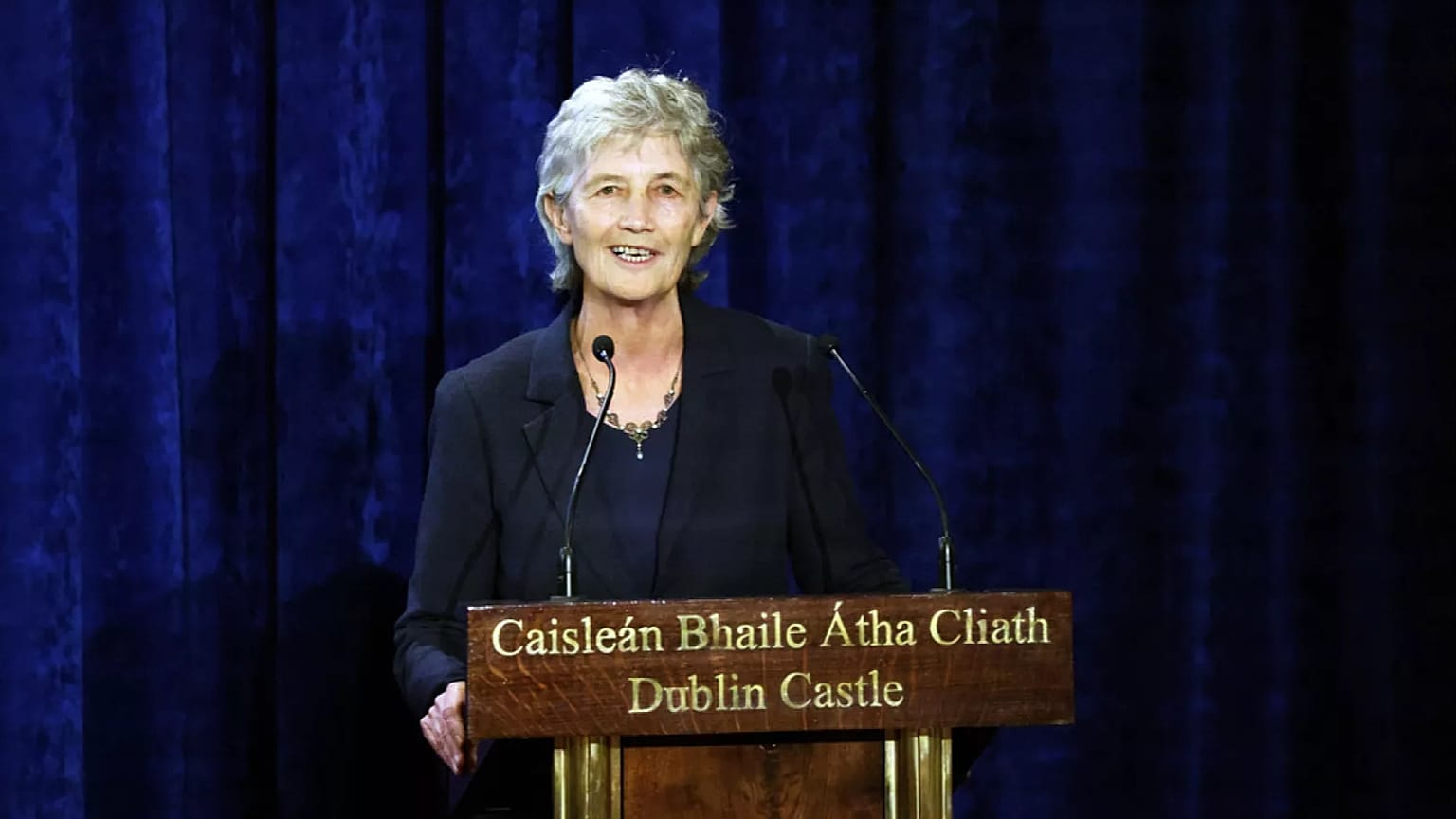 Catherine Connolly speaks after being after being elected as the new President of Ireland at Dublin Castle, Ireland, Saturday, Oct. 25, 2025.