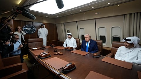 US President Donald Trump, Emir of Qatar Sheikh Tamim bin Hamad al-Thani and Qatar Prime Minister and Foreign Minister Sheikh Mohammed bin Abdulrahman bin Jassim Al Thani.
